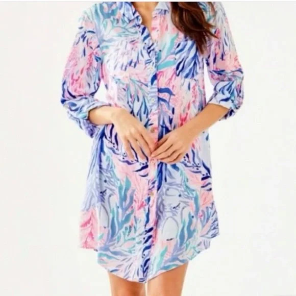 Lilly Pulitzer Natalie Shirtdress Cover Up Kaleidoscope Coral women size Large | Poshmark