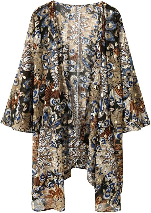 olrain Women's Floral Print Sheer Chiffon Loose Kimono Cardigan Capes | Amazon (US)