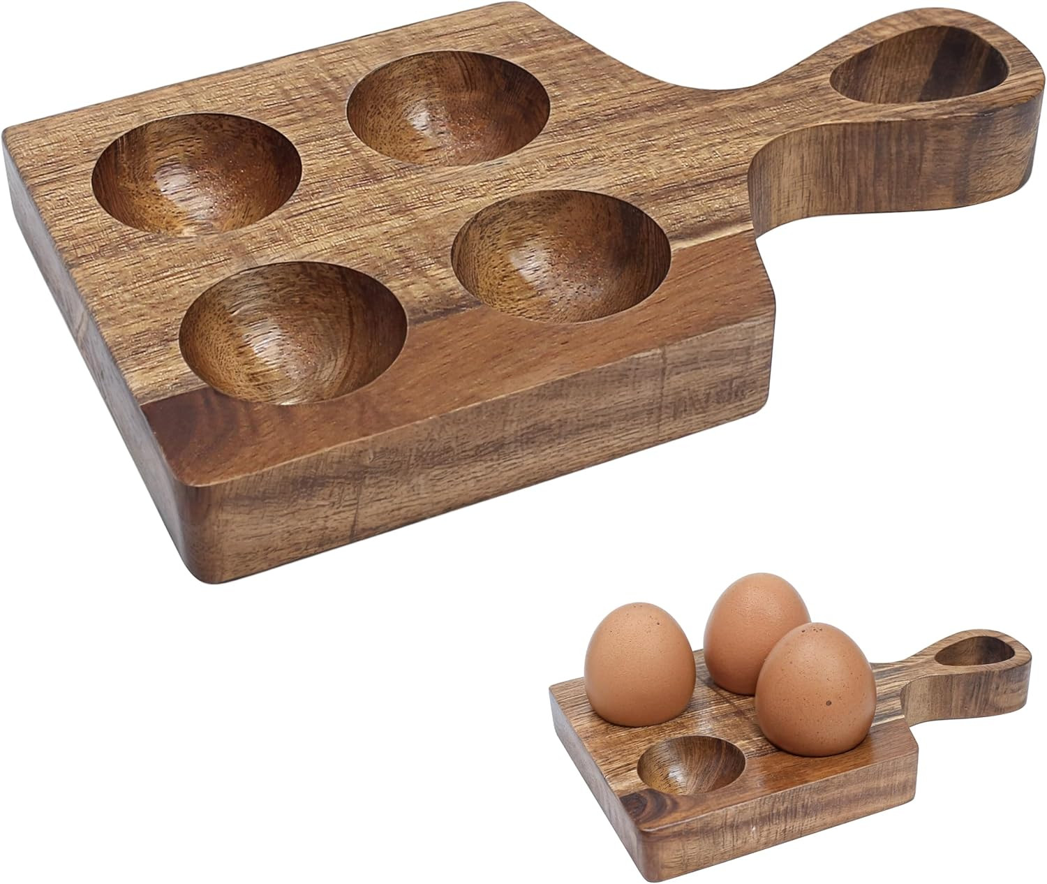 Wood Egg Tray, Wooden Deviled Egg Board Platter Holder, Reversible Display Stackable Organizer, Small Rack Storage Dish Plate for Serving Christmas Charcuterie Fridge Countertop Home Kitchen (4 Holes) | Amazon (US)
