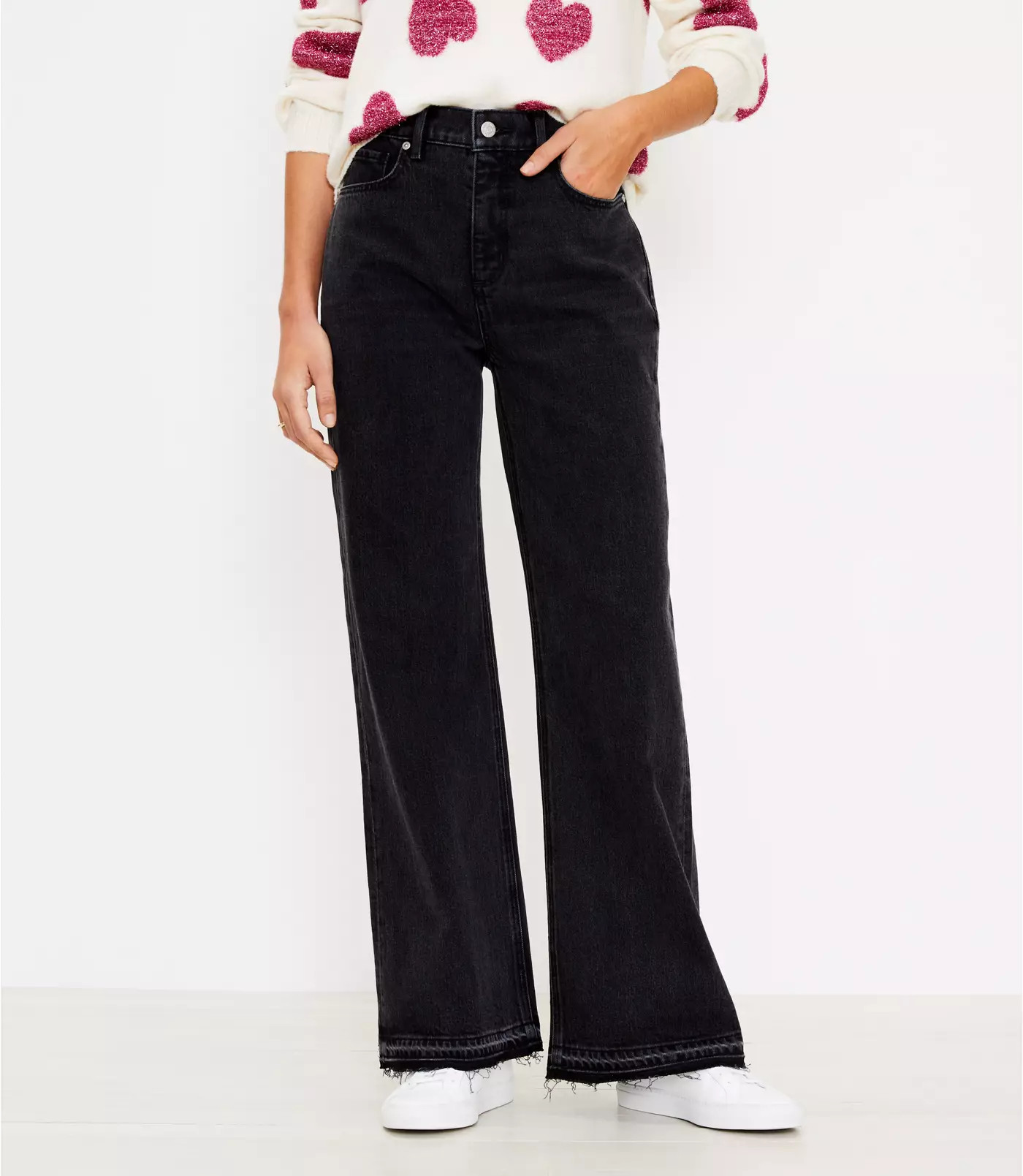 Let Down Hem High Rise Wide Leg Jeans in Washed Black Wash | LOFT | LOFT