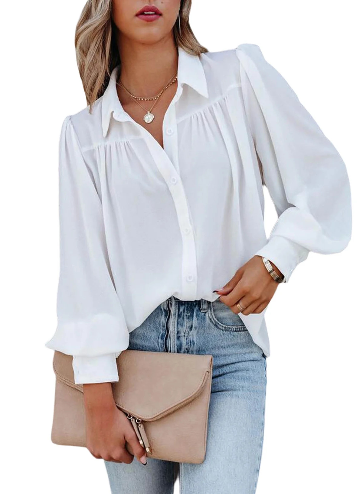 FARYSAYS Long Sleeve White Blouse for Womens Flowy Tops White Button Down Shirt Womens Tops Dress... | Walmart (US)