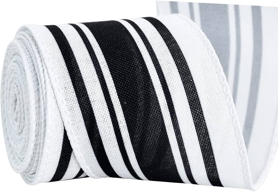 TONIFUL 2.5 Inch Black and White Striped Wired Edge Ribbon, Burlap Ribbon, Blakc White Wired Ribb... | Amazon (US)
