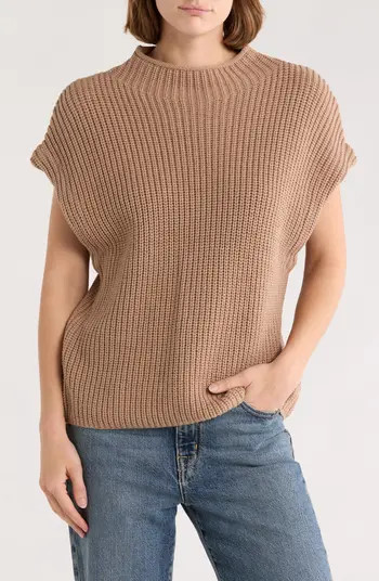 Leith Mock Neck Cap Sleeve Cotton Blend Sweater | Nordstromrack | Nordstrom Rack