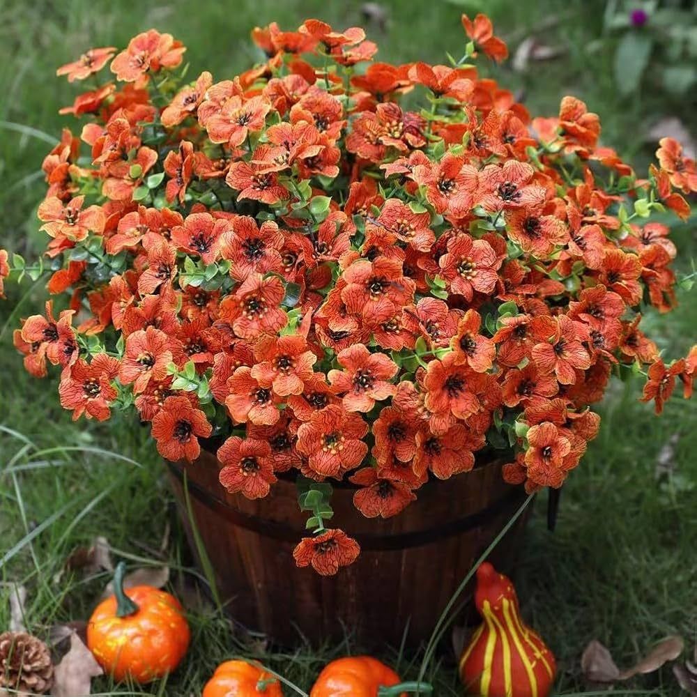 Artificial Fake Fall Plants Flowers for Outdoor Outside, 12 Bundles Faux Autumn Orange Silk Mums ... | Amazon (US)