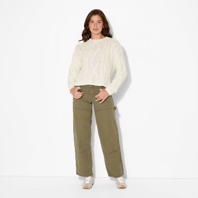Women's Crewneck Cotton Cable Pullover Sweater - Wild Fable™ Cream L | Target
