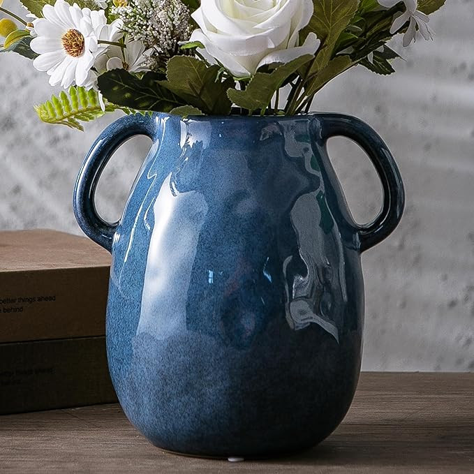Blue Ceramic Vase with 2 Handles, Modern Farmhouse Vase for Home Decor, Rustic Pottery Vase, Deco... | Amazon (US)