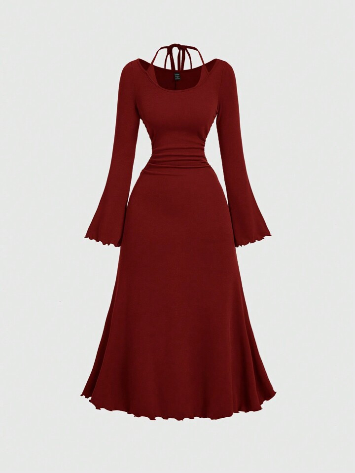 SHEIN MOD Plus Size Women Wine Red Fitted Flare Dress With Flare Sleeves | SHEIN