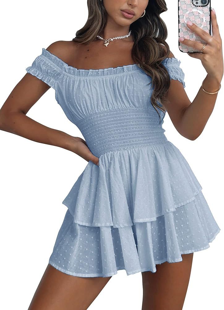 Bingerlily Womens Summer Off Shoulder Mini Dress Cute Chiffon Slim Fit Dresses | Amazon (US)