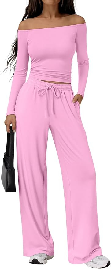 Trendy Queen 2 Piece Off Shoulder Set Womens Wide Leg Pants Side Ruching Slightly Crop Top Sets | Amazon (US)