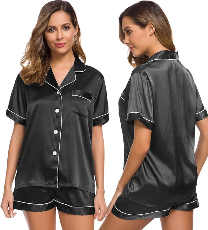 SWOMOG Womens Silk Satin Pajamas Set Short Sleeve Button Down Sleepwear Loungewear 2 Pcs Pj Sets | Amazon (CA)