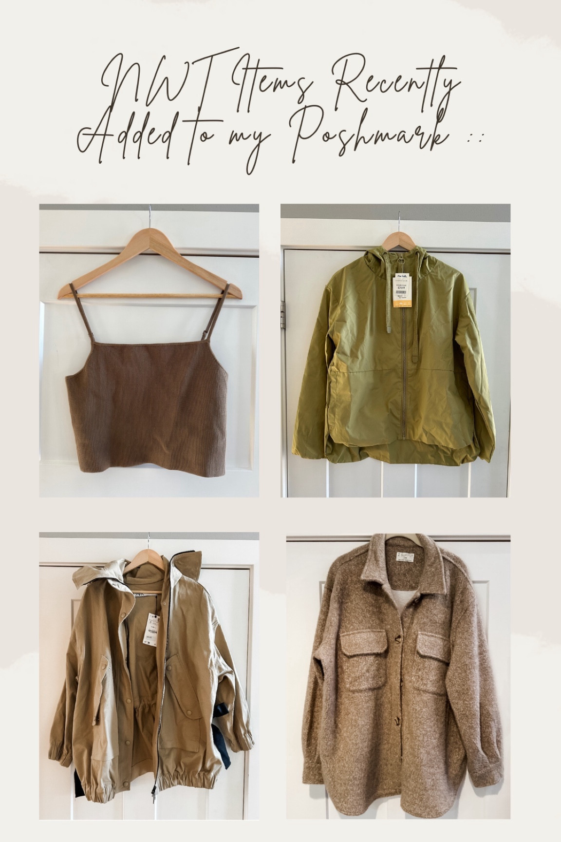 Working on getting all the things posted to my Poshmark closet! Here’s a few recent “New with Tags / NWT” additions :: Reformation knit tank, Life Integrity Earth weather resistant jacket, Z Supply fuzzy shacket, Zara cotton canvas trench parka. 