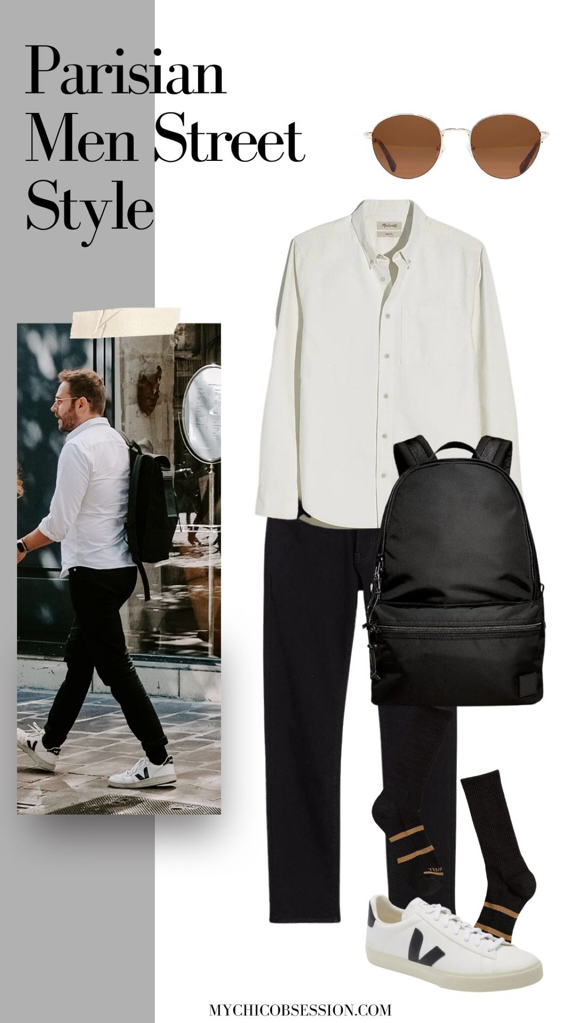 Here’s another take on the black and white basics. Practicality and comfort is important for Parisian city dwellers, who often are on the go all day. A backpack for necessities id the perfect accessory to a white button down, black pants and sneakers. 

#LTKstyletip #LTKmens #LTKSeasonal