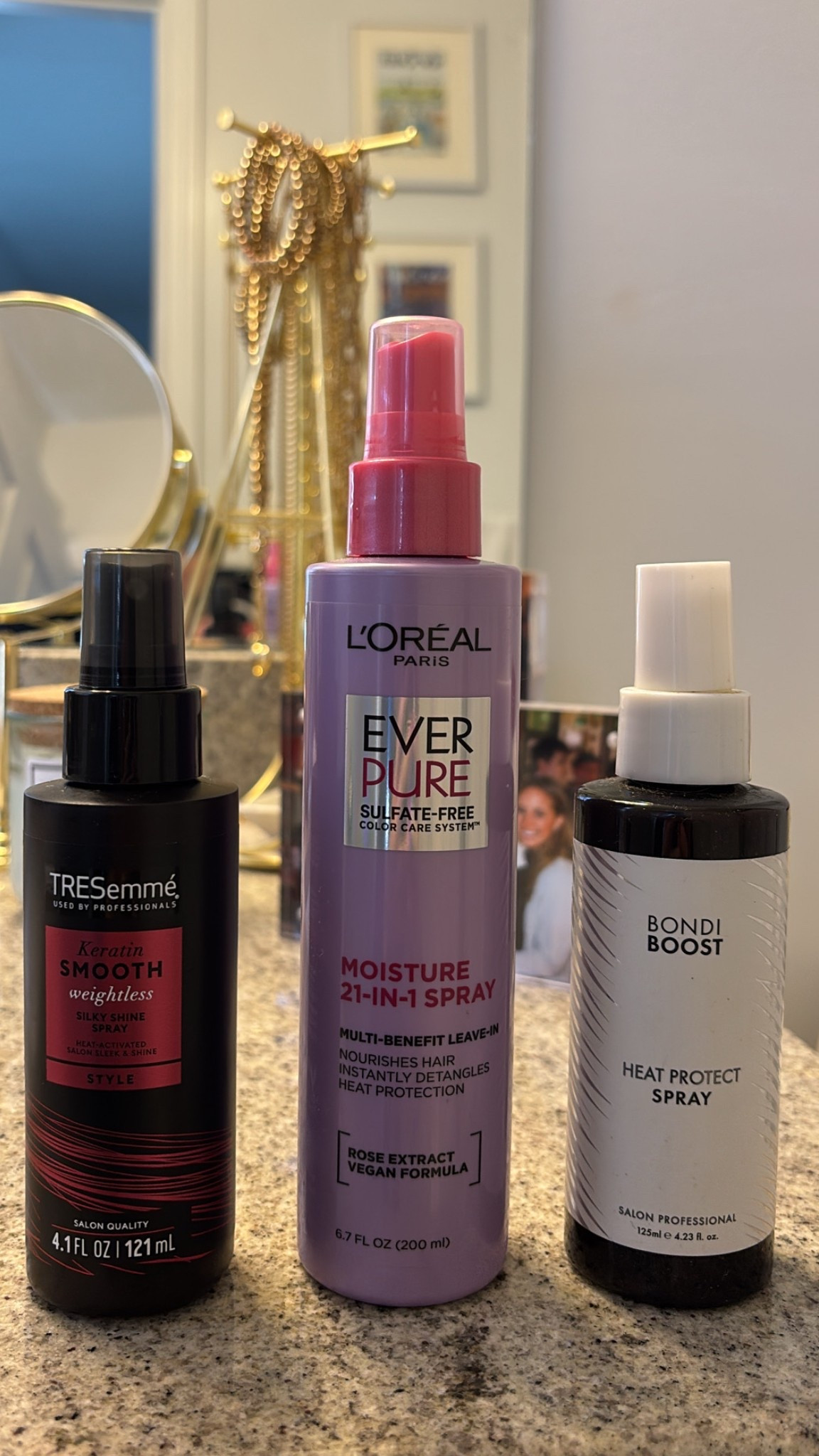 after shower sprays!! love all three of these!!

1. TRESemmé keratin smooth weightless spray- provides intense shine and smooth / heat protectant 
 
2. Bondi Boost Heat Protectant Spray

3. L’ORÉAL Ever Pure Moisture 21-IN-1 spray- 21 benefits in 1 treatment:
Nourishes hair, instantly detangles, provides up to 450°F. Heat protection, reduces breakage by strengthening, moisturizes hair, helps seal hair cuticle, reduces the appearance of split ends, helps preserve color vibrancy, provides body, no weight down, makes blow drying easy, primes hair for styling, adds bounce, Improves manageability, adds natural movement, create silkiness, improve softness, controls, frizz, reduces static, add shine, and refreshes for restyling


#LTKFindsUnder50 #LTKBeauty