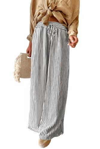 Acelitt Women Casual Striped Wide Leg Pants Drawstring Elastic High Waisted 2026 Summer Fashion Beach Pants Trousers with Pockets Black X-Small | Amazon (US)