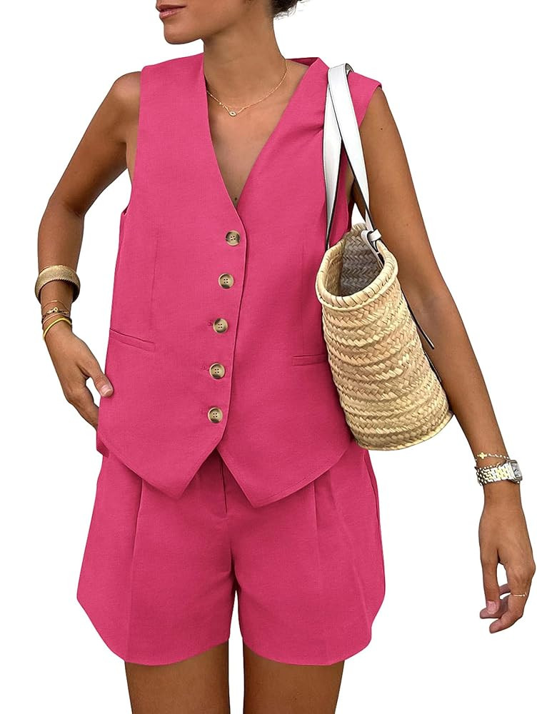 PRETTYGARDEN Women's Summer 2 Piece Outfits Sleeveless Matching Sets Button Down V Neck Vest Wais... | Amazon (US)