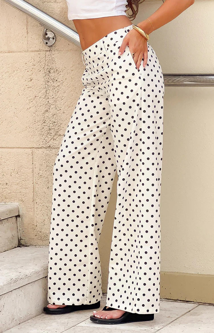 Loreta White Polka Dot Low Waist Pants | Beginning Boutique | Beginning Boutique (US)