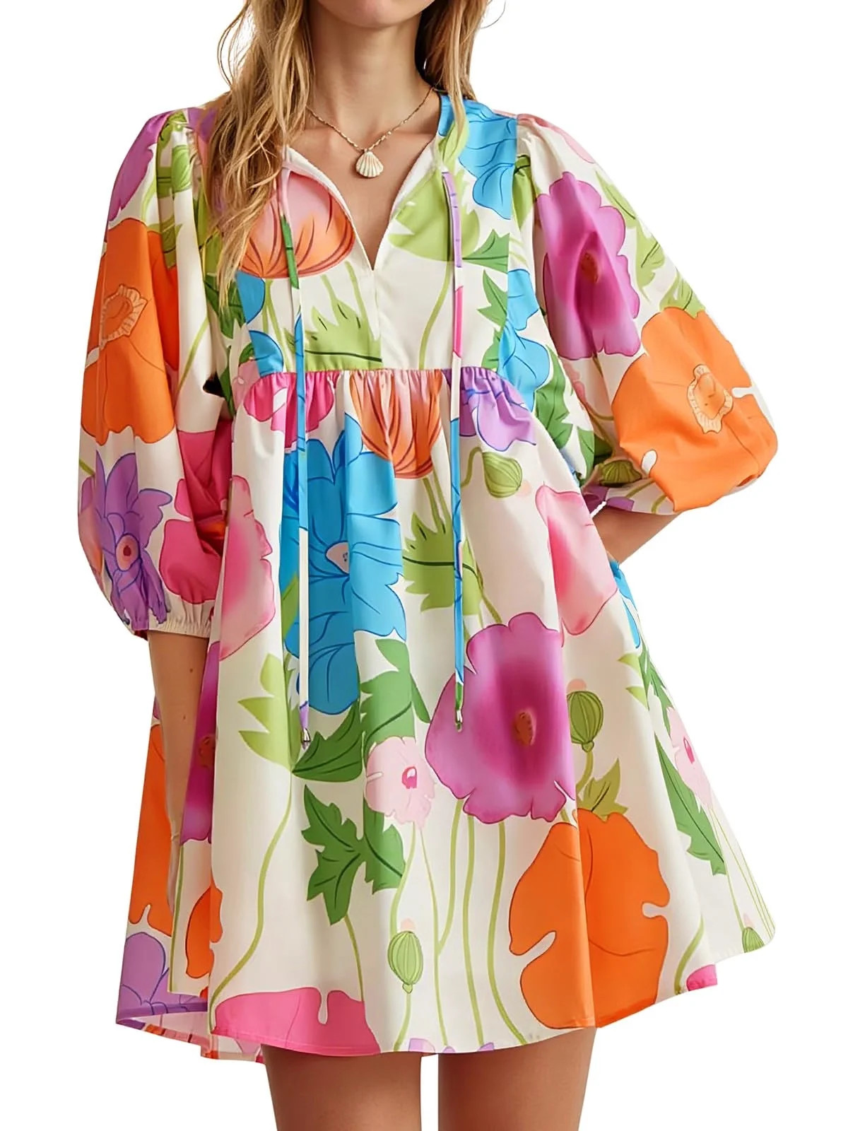 V Neck Puff Sleeve Floral Print Women High Waist Babydoll Mini Dress | Walmart (US)