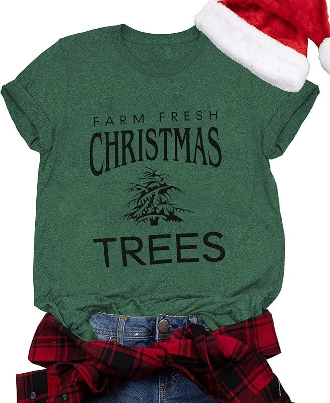 LUKYCILD Farm Fresh Christmas Trees Short Sleeve Shirt Letter Print Casual Graphic Tops Xmas Holiday | Amazon (US)
