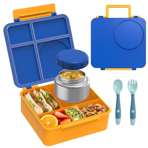 Bento Lunch Box Set for Kids with 8oz Soup Thermo, Leak-Proof Lunch Containers with 4 Compartment, Thermo Hot Insulated Food Jar and Foldable Fork Spoon, for Kids to School (Blue) | Amazon (US)