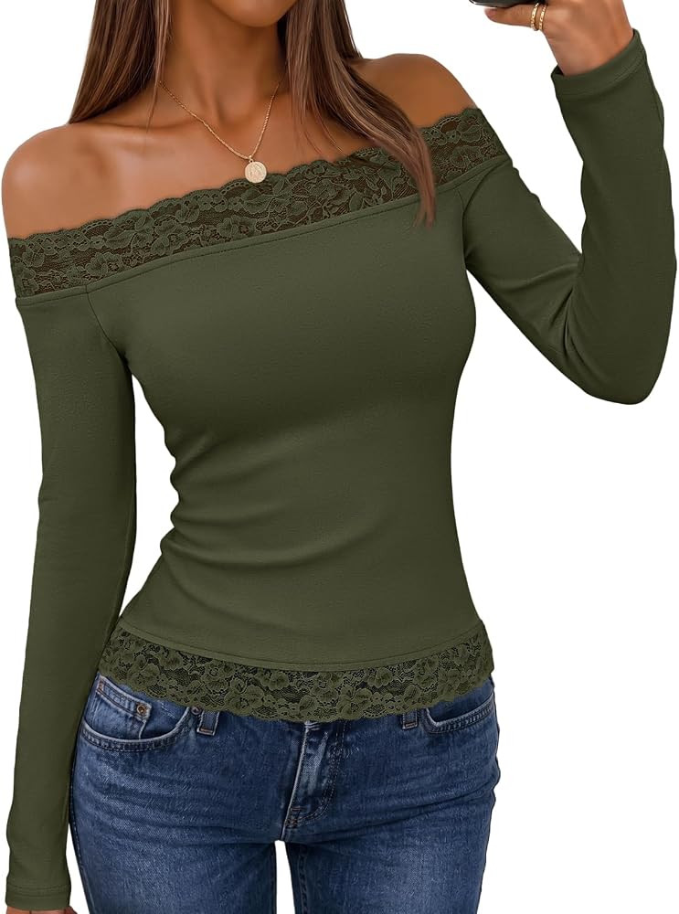 MEROKEETY Women's Off The Shoulder Long Sleeve Lace Tops | Amazon (US)