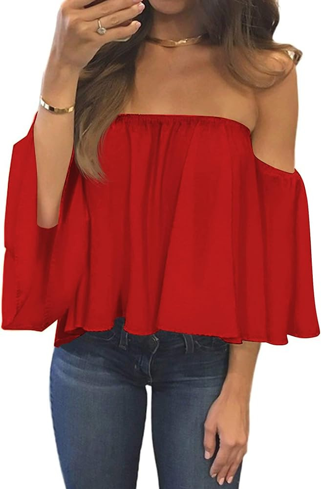 Bluetime Women Summer Off Shoulder Chiffon Blouses Ruffles Short Sleeves Sexy Tops Casual T Shirts | Amazon (US)