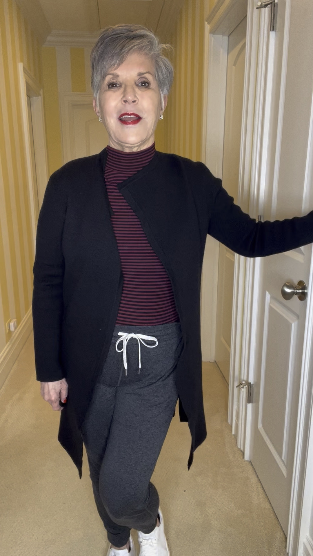 V day look #3
If you struggle to come up with casual outfits that are also chic, then this video is for you!
Take a red and black striped top, add a black coatigan that looks just like J crew’s but doesn’t itch as it doesn’t have wool. Add @vuori joggers, and the easiest-to-slide-on @kizik white sneakers 👟 for the perfect outfit for Saturday brunch, or shopping 🛍️!
1. ❤️Text me “links please” and I’ll send them right over.
2. ❤️Click on the links in my stories.
3. ❤️Click on the link in my profile to my LTK site! Please follow me here for lots of secret fashion tips!
4. ❤️Click on this YouTube video:

https://youtu.be/edZB2Iiw-io?si=ee4Jtt_a2x47ZpVC

#LTKFindsUnder50 #LTKOver40 #LTKWatchNow