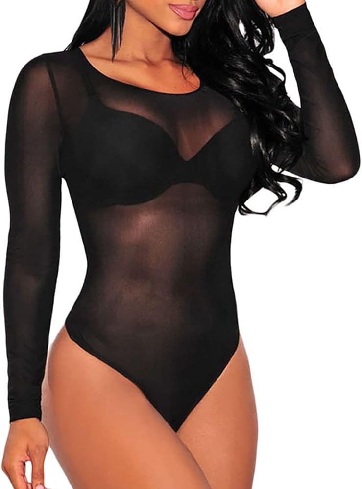 Lrady Women's Sheer Mesh Turtleneck Neck See Through Leotard Bodysuit Body Tops | Amazon (US)