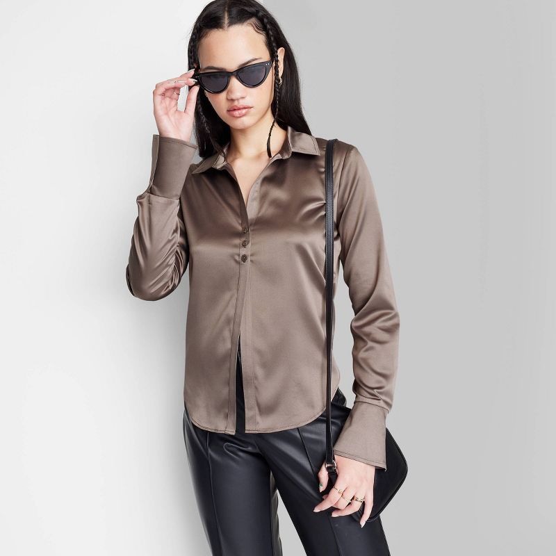 Women's Bell Long Sleeve Collared Satin Button-Down Shirt - Wild Fable™ | Target