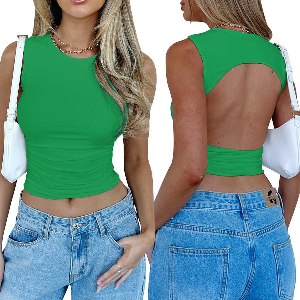 YFANG Women's Sexy Backless Crop Tank Top Ruched Summer Casual Y2K Top | Amazon (US)
