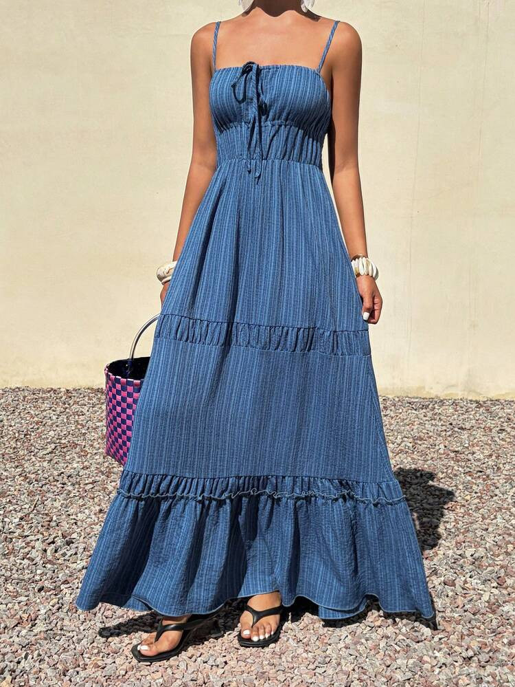 Livesso Vestido Midi Con Tirantes, Volantes En La Cintura Y Lazo Para Mujer, Vestido De Verano Para Vacaciones | SHEIN