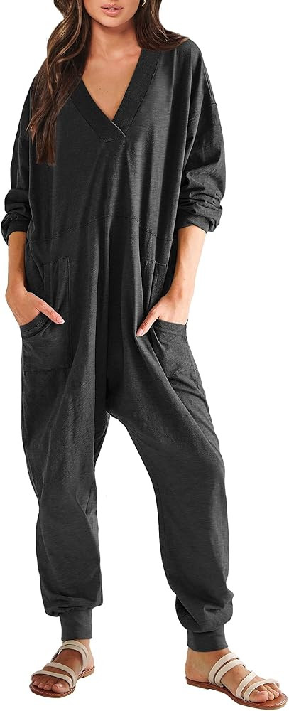 ANRABESS Women's Casual Loose Jumpsuits Long Sleeve V Neck Oversized Rompers Baggy Overalls Loung... | Amazon (US)