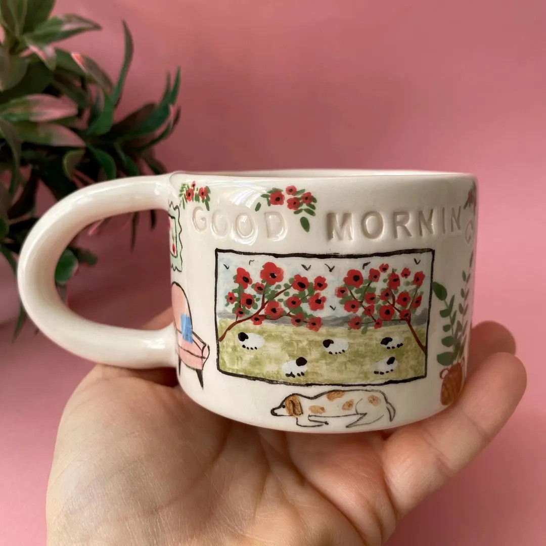 Handmade Ceramic Coffee Mug: Illustrated Dog & Nature Scene - Etsy | Etsy (US)