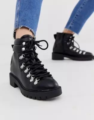 New Look lace detail chunky flat hiker boots in black | ASOS UK