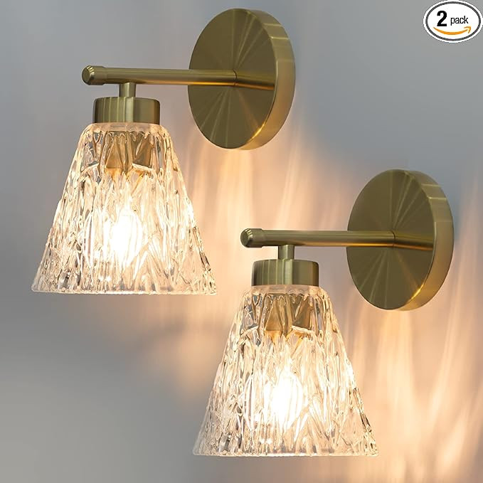 Gold Wall Sconces Set of 2 - Modern Sconces Wall Lighting with Water Rippled Glass Shades, Mid Ce... | Amazon (US)