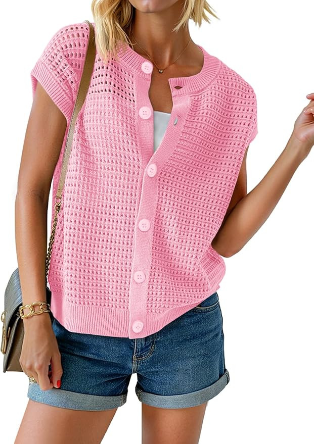 Saodimallsu Womens Short Cap Sleeve Sweater Vest Crochet Button Down Cardigans Crew Neck Summer K... | Amazon (US)