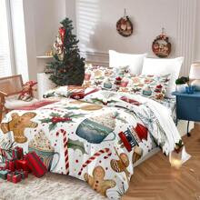 3PCS Santa Claus, Gingerbread, Deer Plaid Pattern Duvet Cover Set(1*Duvet Cover + 2*Pillowcase, Without Core), The Perfect Christmas Gift, Suitable Fo | SHEIN