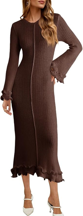 Saodimallsu Womens Bell Long Sleeve Knit Dress Ruffle Bodycon Ribbed Cocktail Party Crew Neck Mid... | Amazon (US)