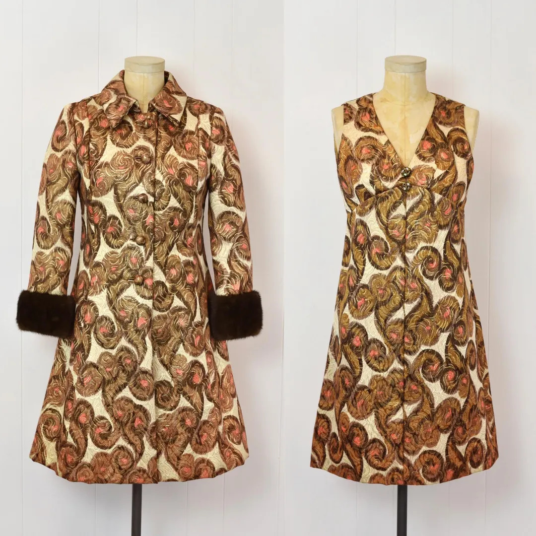 1960s Metallic Brocade Mink Fur Trim Dress Coat Jacket Matching Two Piece Set | Etsy (Global)