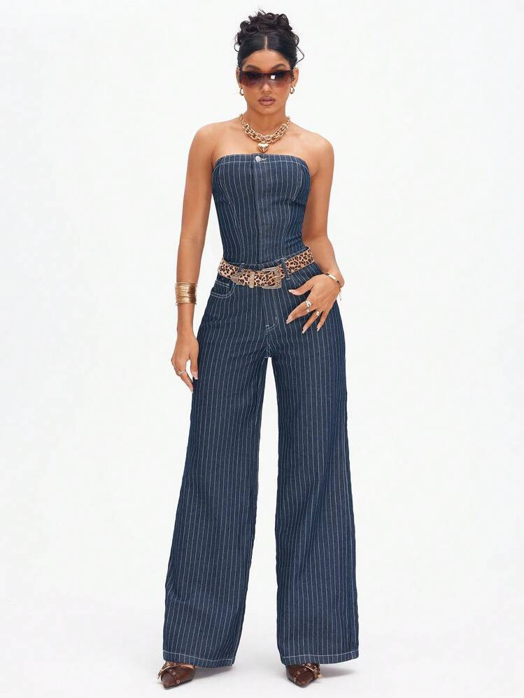 Jeanoix Women's Striped Denim Tube Top Jumpsuit | SHEIN
