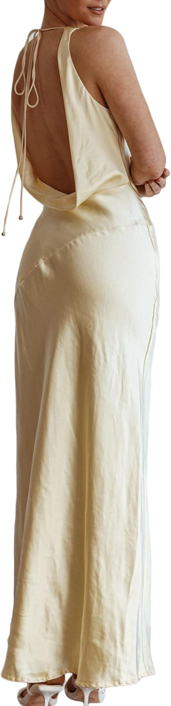 Women's 2025 Summer Satin Backless Elegant Dress for Wedding Guest Silk Sleeveless Cowl Neck Part... | Amazon (US)