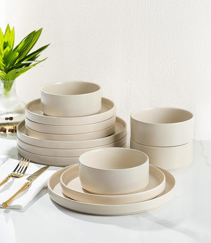 Ceramic Dinnerware Sets for 4, 12 Pieces Handmade Reactive Glaze Plates and Bowls Set, Scratch Re... | Amazon (US)