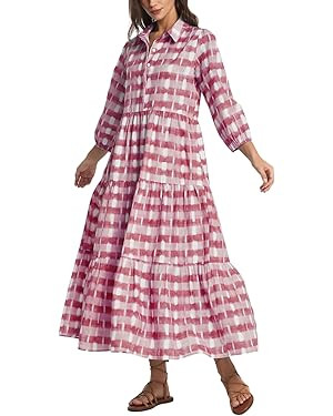 D-Sun Women Long Sleeve Maxi Dress V Neck Button Down Flowy Tiered Ruffle Shirt Dress Casual Fall... | Amazon (US)