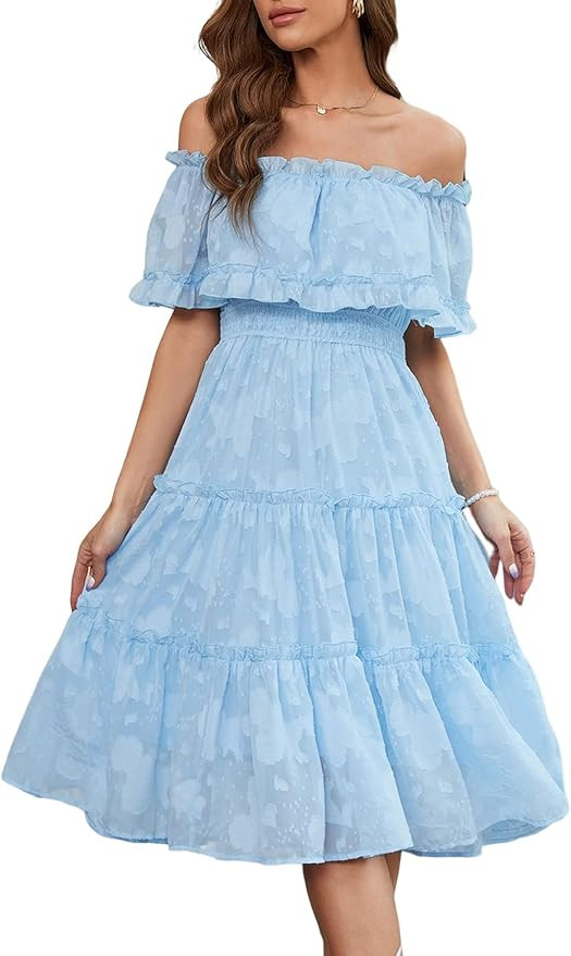 MAXVIGOR Women's Summer Casual Off The Shoulder Ruffle Midi Dress Wedding Guest Long Party Beach ... | Amazon (US)