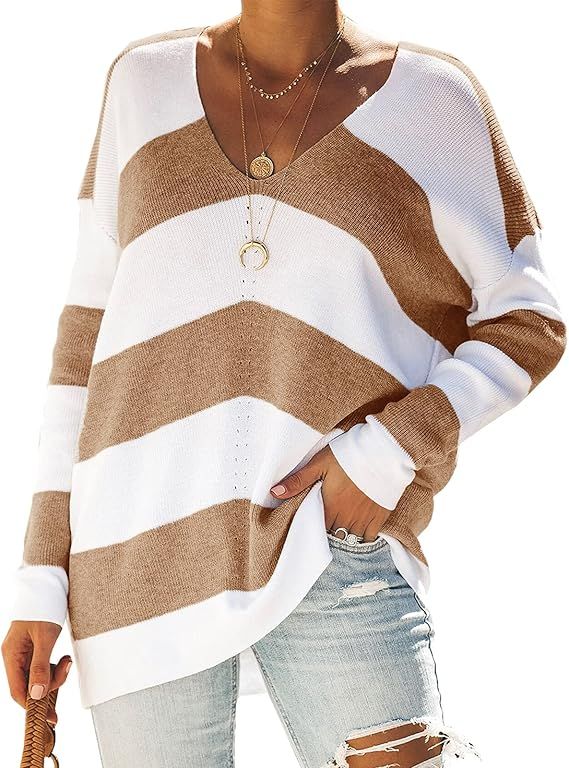 Sherrylily Womens Off Shoulder Striped Sweaters Oversized Long Sleeve Knit Pullover Tops | Amazon (US)