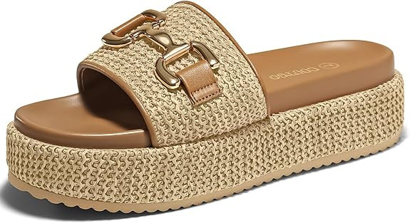 Coutgo Womens Platform Sandals Raffia Espadrilles Metal Chain Slip on Open Toe Cute Beach Slide S... | Amazon (US)