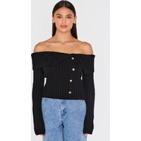 Black Thick Rib Bardot Foldover Button Up Top | PrettyLittleThing US