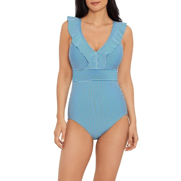 Time and Tru Women’s and Women’s Plus Size Seersucker Stripe One Piece Swimsuit | Walmart (US)