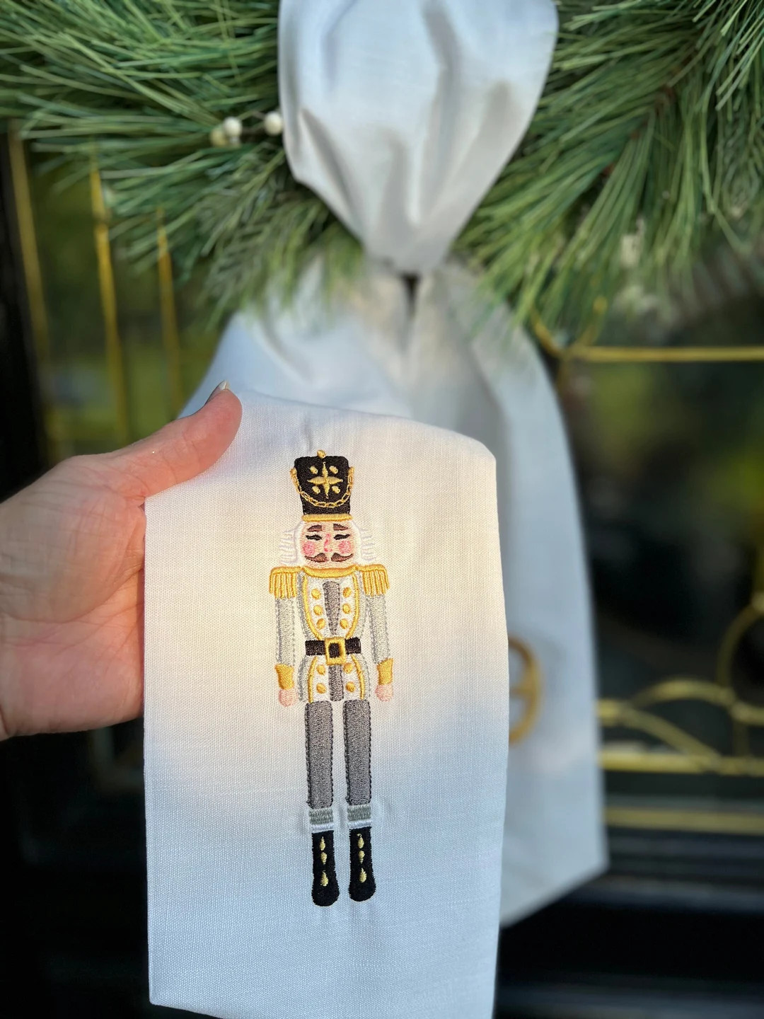 XL Silver & Gold Nutcracker Christmas Wreath Sash with Monogram, Nutcracker Bow, Monogram Front D... | Etsy (US)