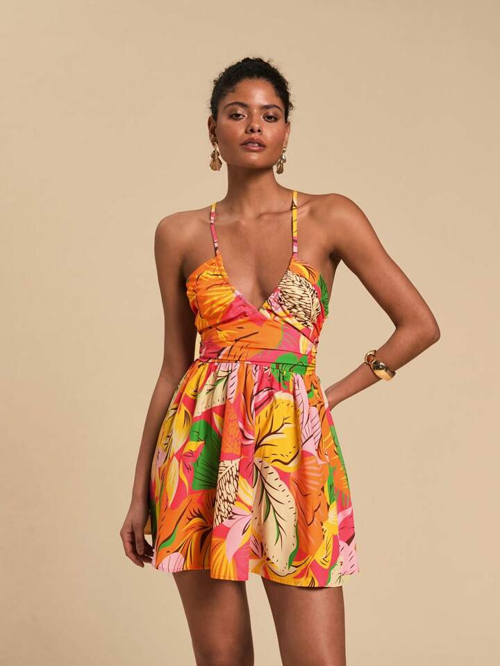 Travachic Tropical Print Mini Dress For Beach Holiday,Summer Outfits For Women,Tropical Vacation ... | SHEIN