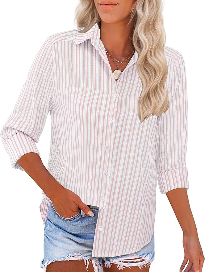 LOMON Womens Long Sleeve Button Down Shirts Casual Loose Fit Cotton Collared Blouses | Amazon (US)